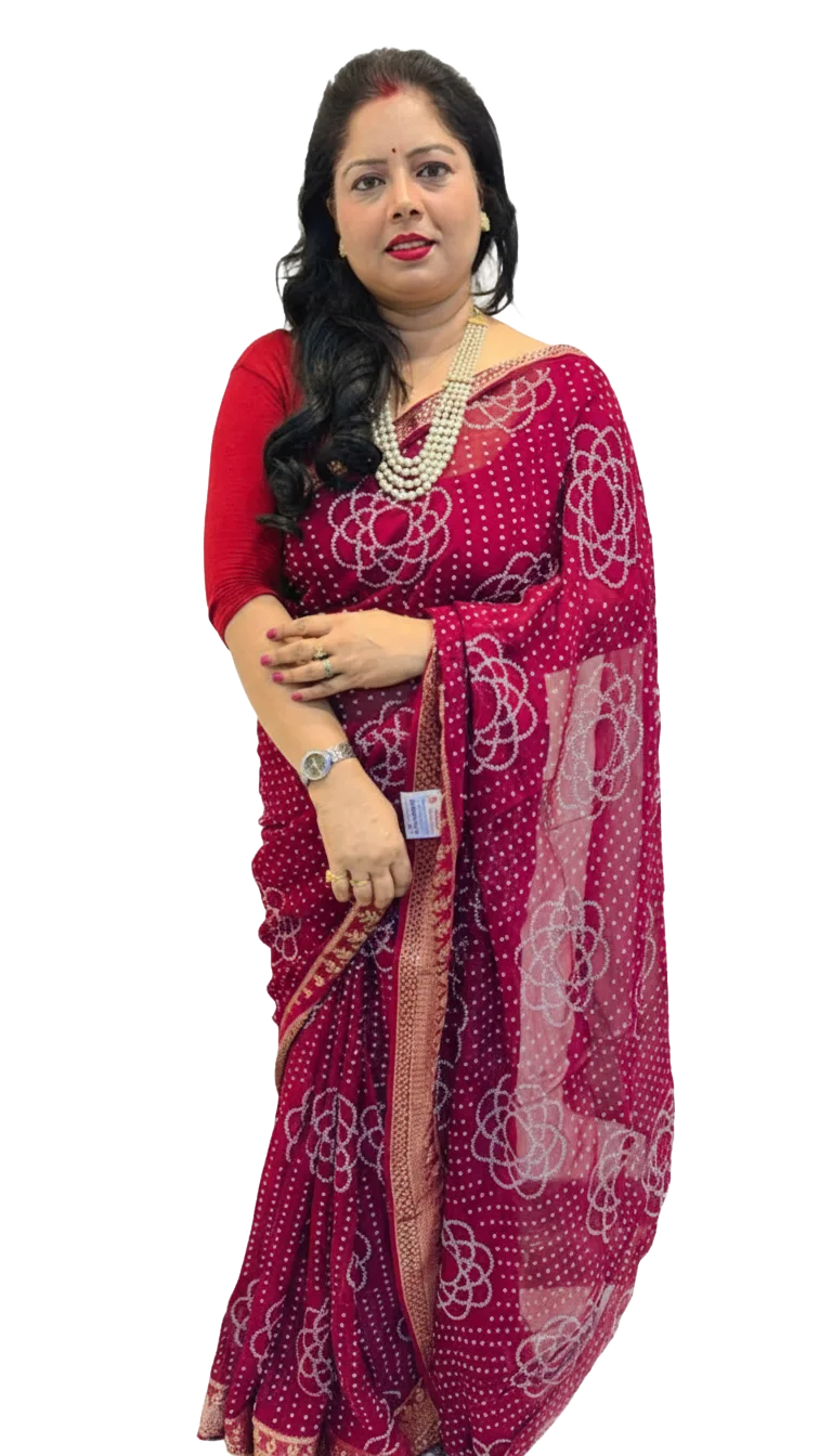 Woman in traditional red saree, online ethnic store in India